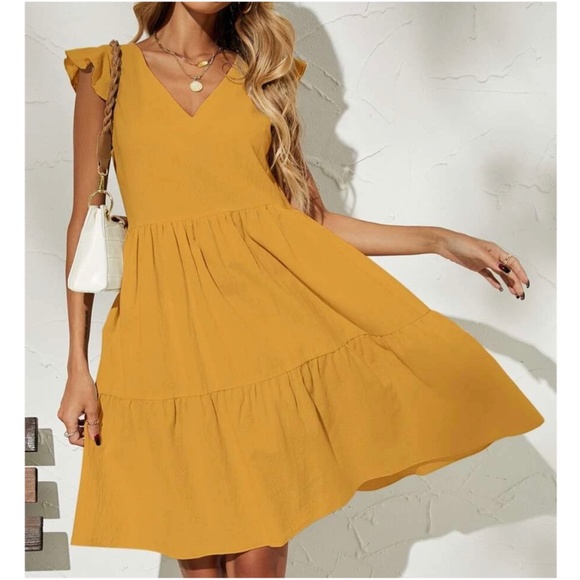 BellanBlue Dresses & Skirts - Boho Ruffle Sleeve Smock V neck Mini Dress